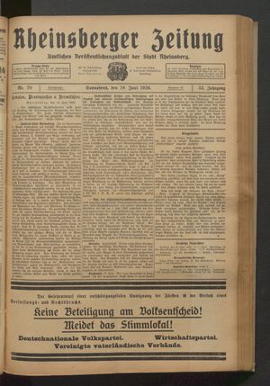 Rheinsberger Zeitung vom 19.06.1926