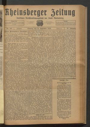 Rheinsberger Zeitung vom 14.09.1926