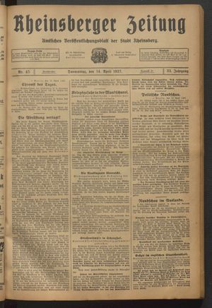 Rheinsberger Zeitung vom 14.04.1927