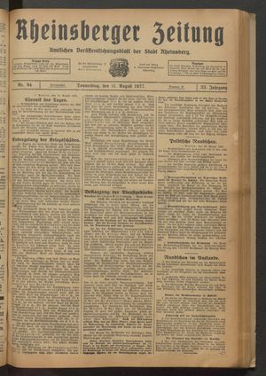 Rheinsberger Zeitung vom 11.08.1927