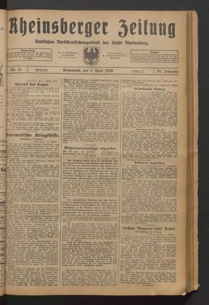 Rheinsberger Zeitung vom 05.04.1930
