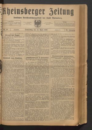Rheinsberger Zeitung vom 24.04.1930