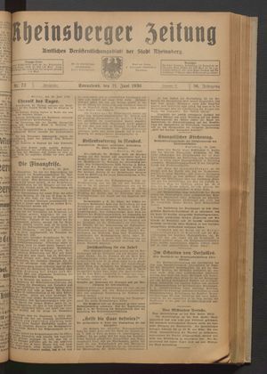 Rheinsberger Zeitung vom 21.06.1930