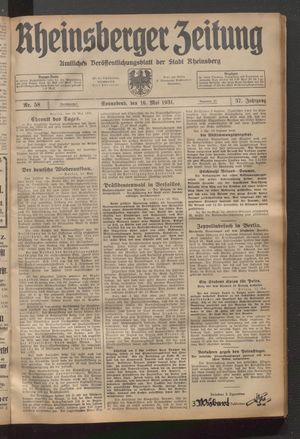 Rheinsberger Zeitung vom 16.05.1931