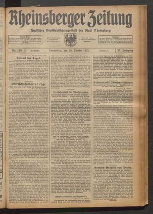 Rheinsberger Zeitung vom 29.10.1931