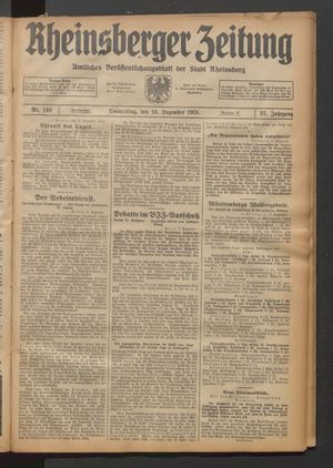 Rheinsberger Zeitung vom 10.12.1931