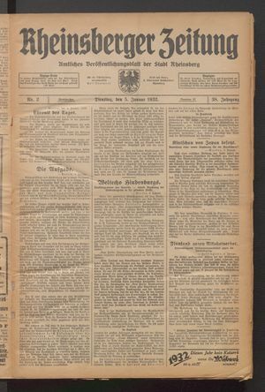 Rheinsberger Zeitung vom 05.01.1932