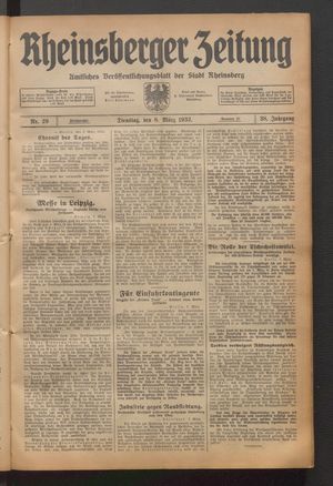 Rheinsberger Zeitung vom 08.03.1932