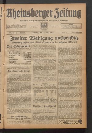 Rheinsberger Zeitung vom 15.03.1932