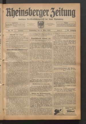 Rheinsberger Zeitung vom 31.03.1932