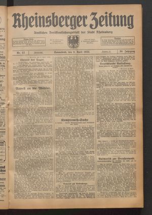 Rheinsberger Zeitung vom 09.04.1932