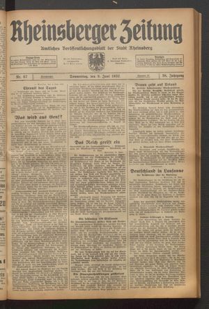 Rheinsberger Zeitung vom 09.06.1932