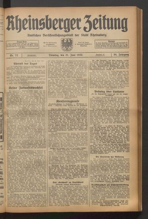 Rheinsberger Zeitung vom 21.06.1932