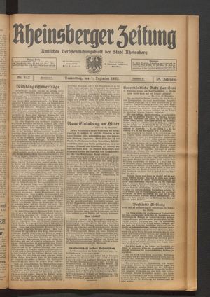 Rheinsberger Zeitung vom 01.12.1932