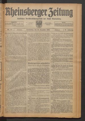 Rheinsberger Zeitung vom 22.12.1932