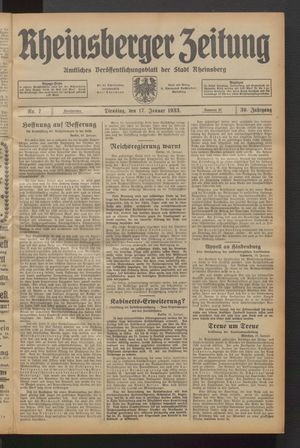 Rheinsberger Zeitung vom 17.01.1933