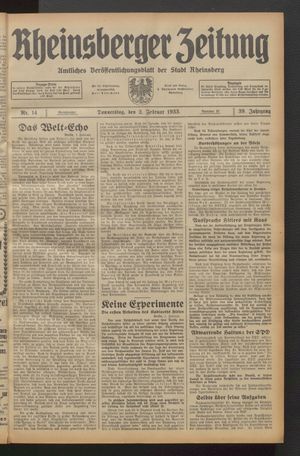 Rheinsberger Zeitung on Feb 2, 1933