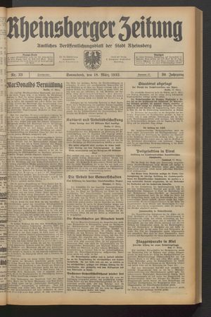 Rheinsberger Zeitung on Mar 18, 1933
