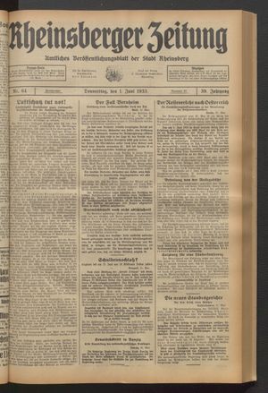 Rheinsberger Zeitung on Jun 1, 1933