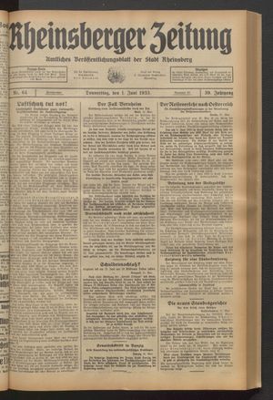 Rheinsberger Zeitung vom 01.06.1933