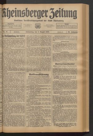 Rheinsberger Zeitung vom 03.08.1933