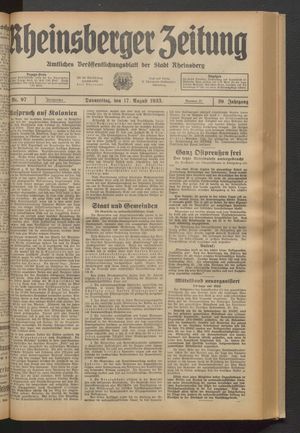 Rheinsberger Zeitung vom 17.08.1933