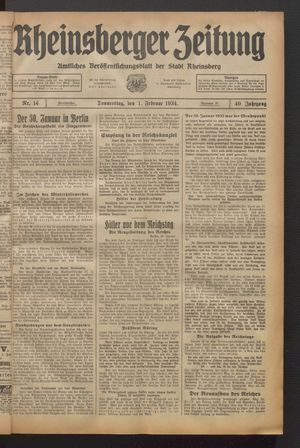 Rheinsberger Zeitung vom 01.02.1934