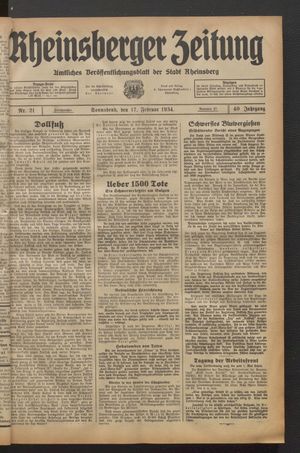 Rheinsberger Zeitung vom 17.02.1934