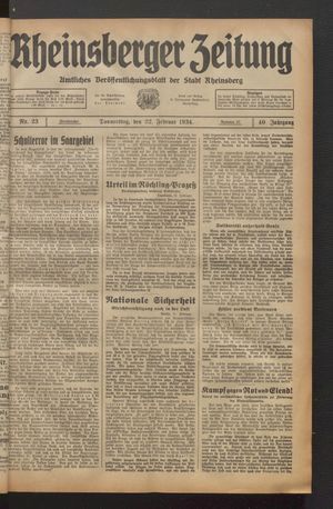 Rheinsberger Zeitung vom 22.02.1934