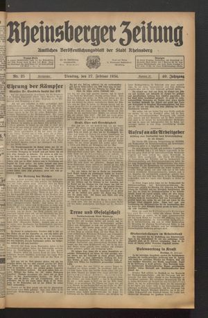 Rheinsberger Zeitung vom 27.02.1934