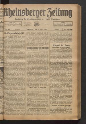 Rheinsberger Zeitung vom 19.04.1934