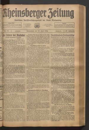 Rheinsberger Zeitung vom 16.06.1934