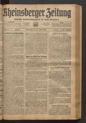 Rheinsberger Zeitung vom 21.06.1934