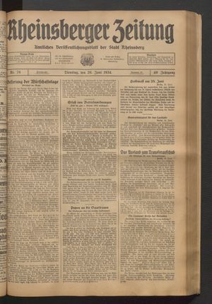 Rheinsberger Zeitung vom 26.06.1934