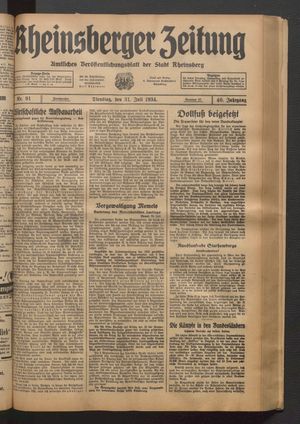Rheinsberger Zeitung vom 31.07.1934