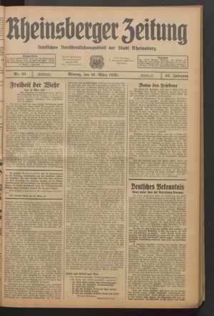 Rheinsberger Zeitung vom 16.03.1936