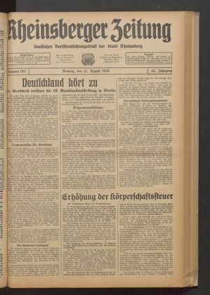 Rheinsberger Zeitung vom 31.08.1936