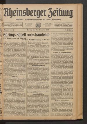 Rheinsberger Zeitung vom 30.11.1936