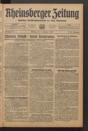 Rheinsberger Zeitung vom 15.02.1937