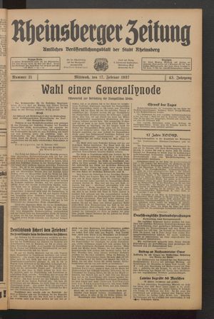 Rheinsberger Zeitung vom 17.02.1937