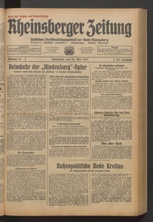 Rheinsberger Zeitung on May 22, 1937