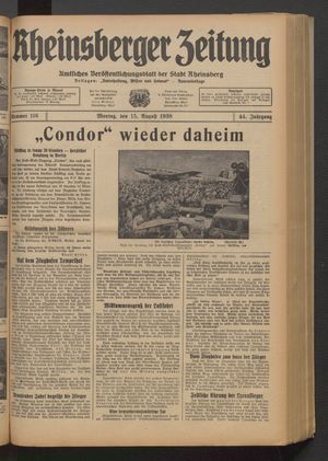 Rheinsberger Zeitung vom 15.08.1938