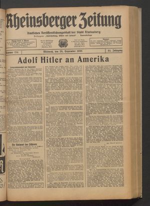 Rheinsberger Zeitung vom 28.09.1938