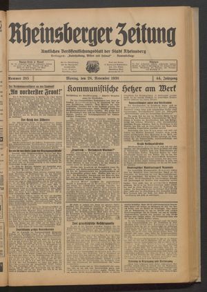 Rheinsberger Zeitung vom 28.11.1938