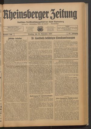 Rheinsberger Zeitung vom 29.11.1938