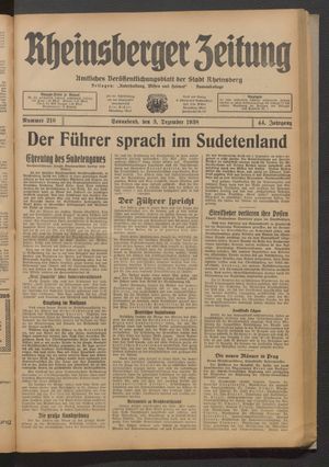 Rheinsberger Zeitung vom 03.12.1938