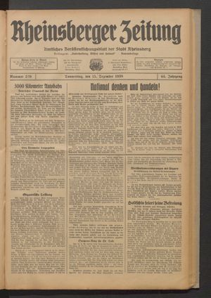 Rheinsberger Zeitung vom 15.12.1938