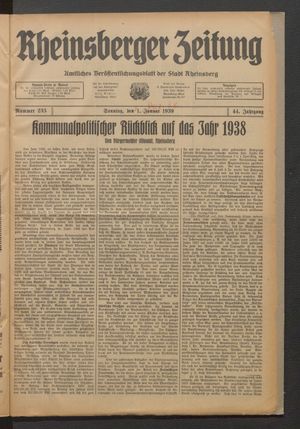 Rheinsberger Zeitung vom 31.12.1938