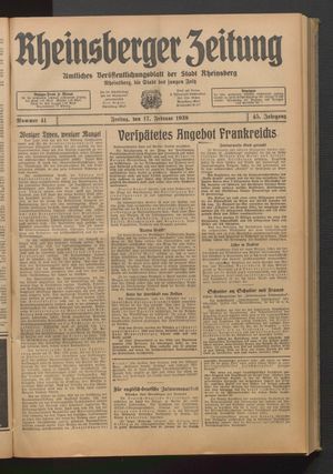 Rheinsberger Zeitung vom 17.02.1939