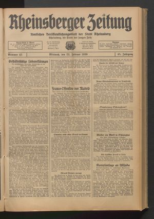 Rheinsberger Zeitung vom 22.02.1939
